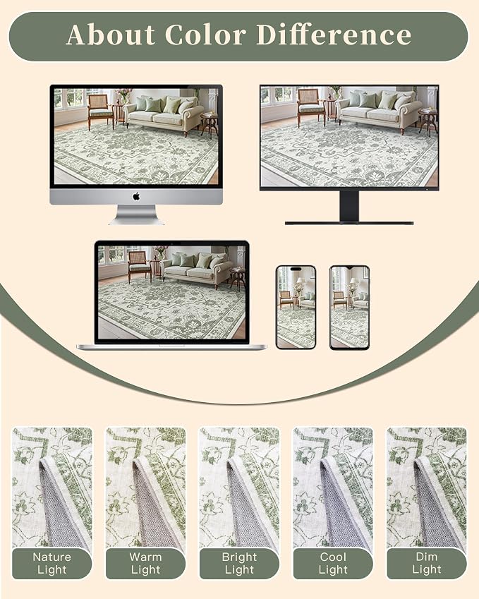 Madane 9x12 Area Rugs for Living Room, Machine Washable Vintage Green Rug - Image 7