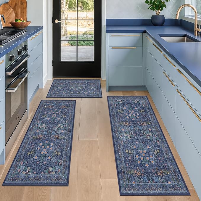 JTJ Dark Blue Kitchen Rugs Set of 3, Non Slip Washable Runner Mats, Vintage - Image 8