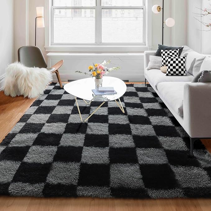 KICMOR Rugs for Living Room 5x7 Black and Grey, Soft Fluffy Checkered Shag Area - Image 5