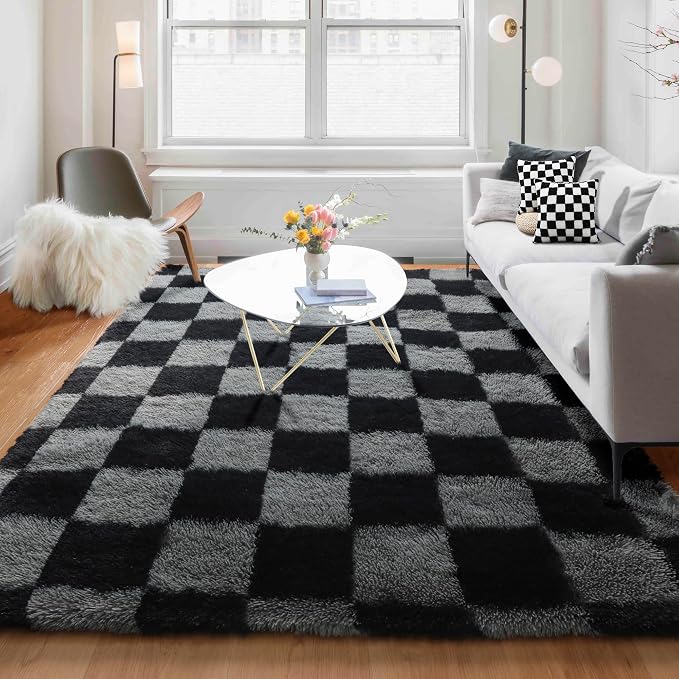 KICMOR Checkered Rugs for Living Room 5x8 Black and Grey, Fluffy Fuzzy Plush by KICMOR