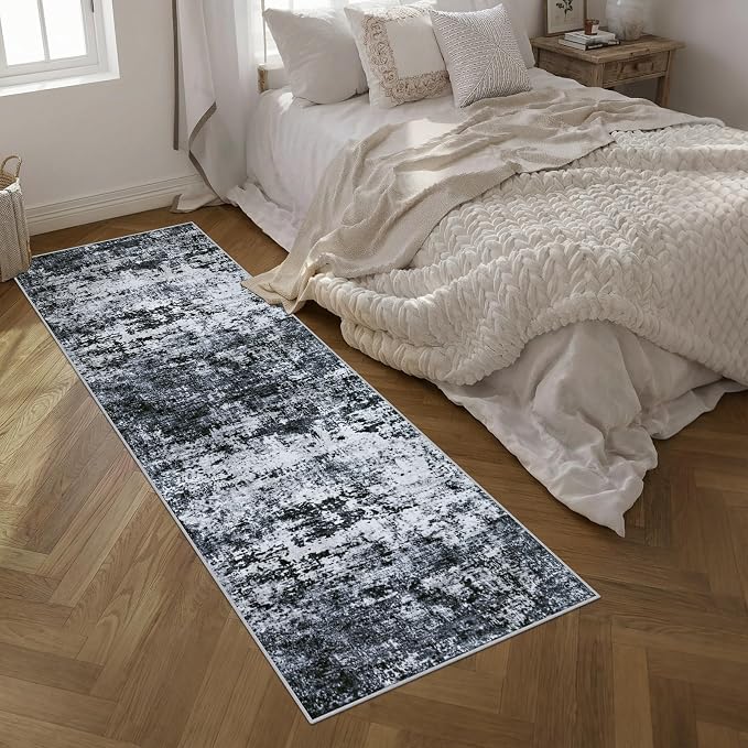 2.6'x10' Runner Rug Washable Rug: Modern Abstract Soft Thin Runner Rug Black - Image 2