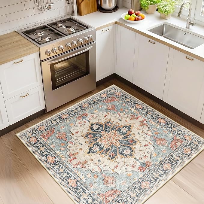 RELEANY Area Rugs Square 4ft Washable Non-Slip, Floral Vintage Distress by RELEANY