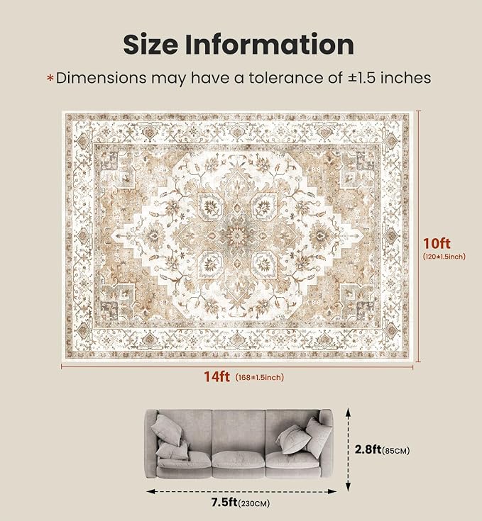 AMADA HOMEFURNISHING 10x14 Washable Area Rug, Low-Profile Large Area Rug - Image 2