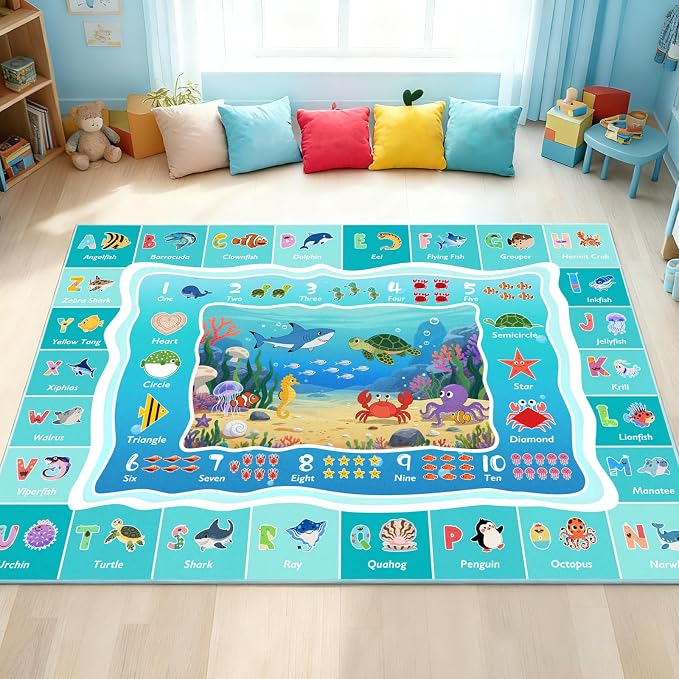 ABC Kids Ocean Rug for Playroom, 5x7 ft Alphabet Classroom Rug, Educational - Image 9