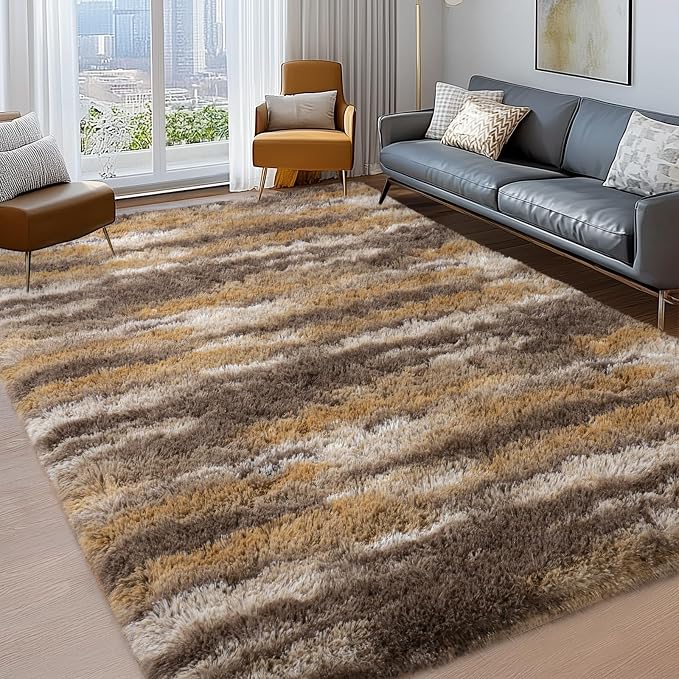 Shag Rugs for Living Room 5x7, Ultra Soft Abstract Brown Big Fuzzy Rugs for - Image 3