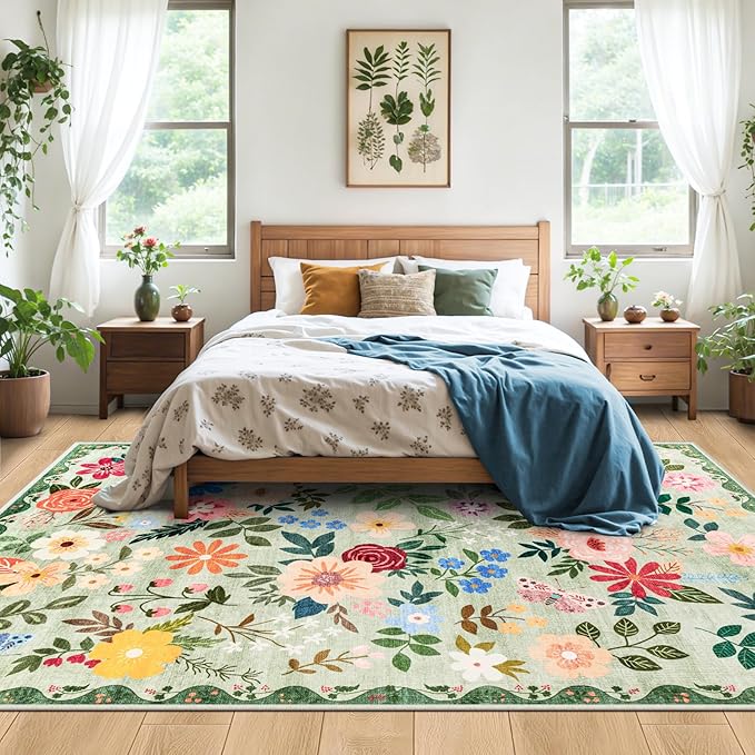 10x14 Area Rugs for Living Room: Floral Washable Rug Vintage Large Soft Boho - Image 3