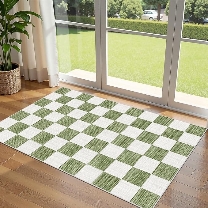 Green White Checkered Entry Rug by Othilic