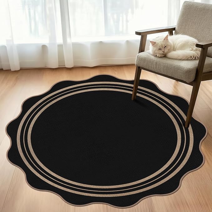 Scalloped Round Entryway Rug 4ft, Indoor Outdoor Patio Rug Washable Farmhouse - Image 3