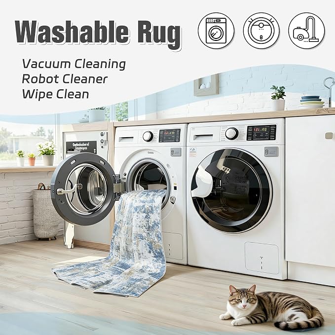 Area Rug 9x12 Living Room Rug Washable: No-Slip Abstract Soft Thin Large Blue - Image 2