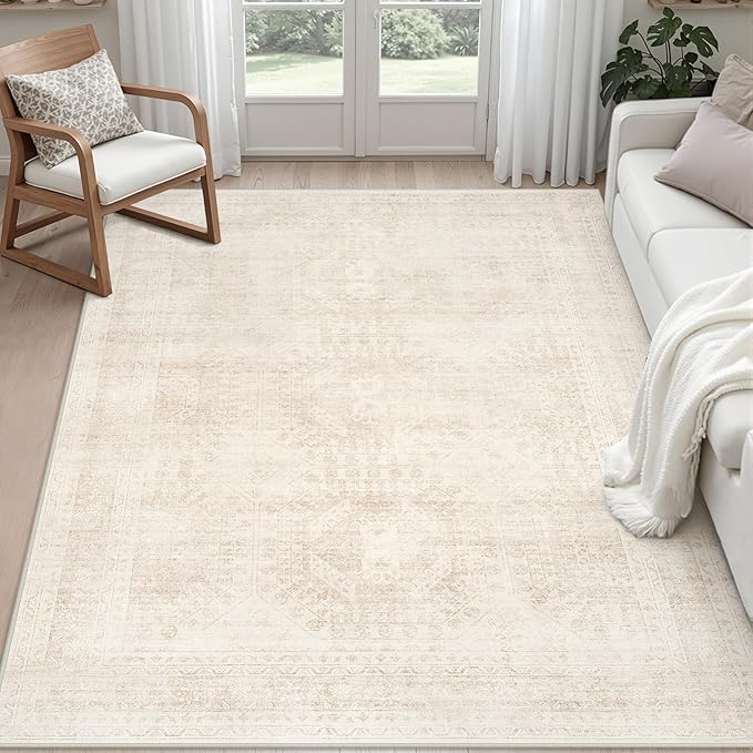 5x7 Area Rugs for Living Room: Vintage Boho Neutral Washable Rug Indoor Soft by Luxturiy