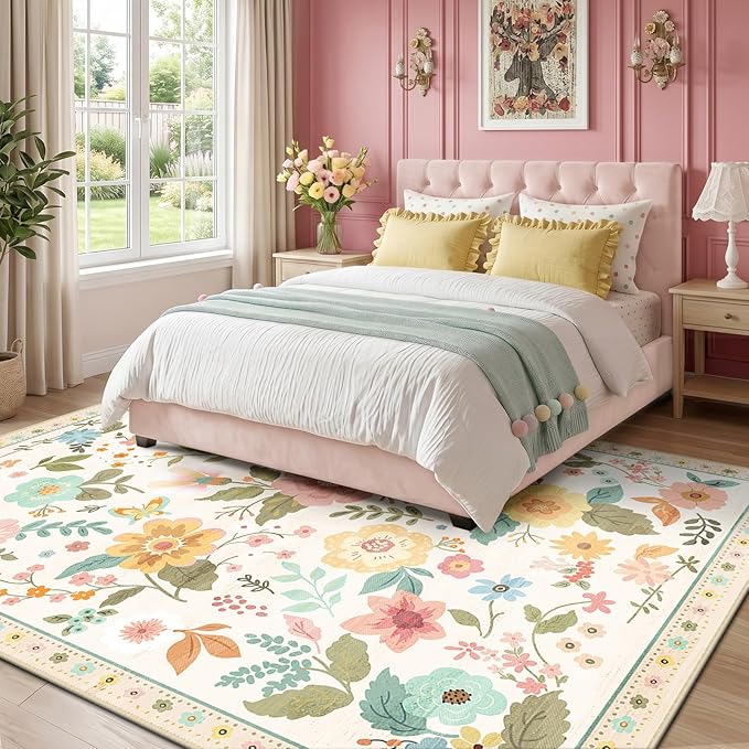 RELEANY Floral 9x12 Area Rugs Washable Print Boho Cute Carpet Non Slip Flower - Image 2