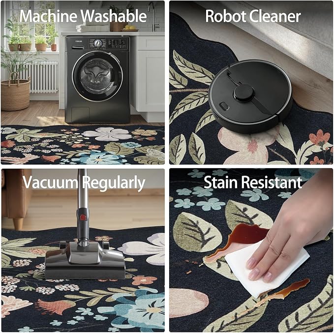 DCX Black Floral Rug 8x10, Washable Black Rug - Image 8