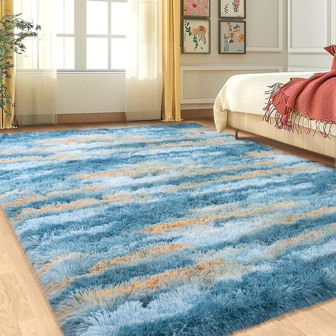 Fluffy Rugs for Living Room, 6x9 Feet Abstract Blue Large Shag Area Rugs for - Image 8