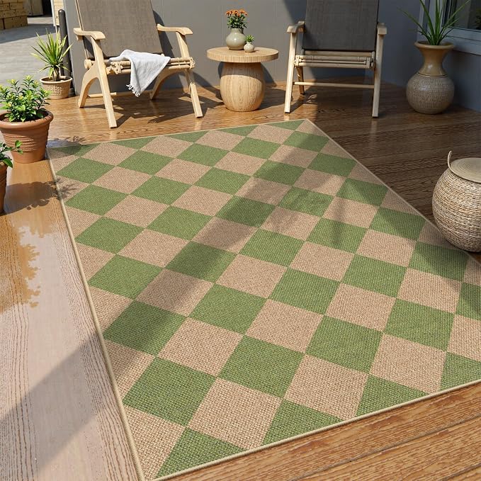 Lahome Colette Green Checkered Easy Jute Rug, 3x5 Washable Outdoor Rug Neutral - Image 2