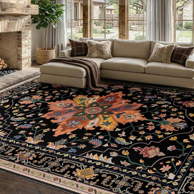 RELEANY Area Rugs 7'x9' Washable Non-Slip, Floral Vintage Distress Medallion by RELEANY
