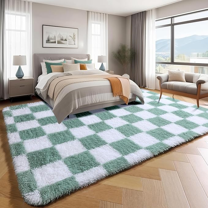 KICMOR 4x6 Rug for Bedroom Living Room, Fluffy Sage Green and White Checkered - Image 3