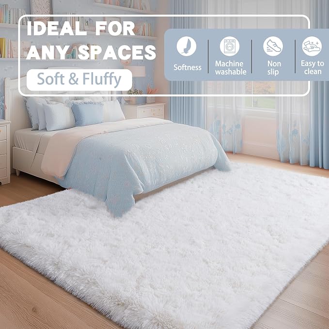 5x7 White Rugs for Bedroom, Soft Fluffy Shaggy Rugs for Living Room, Non-Slip - Image 2