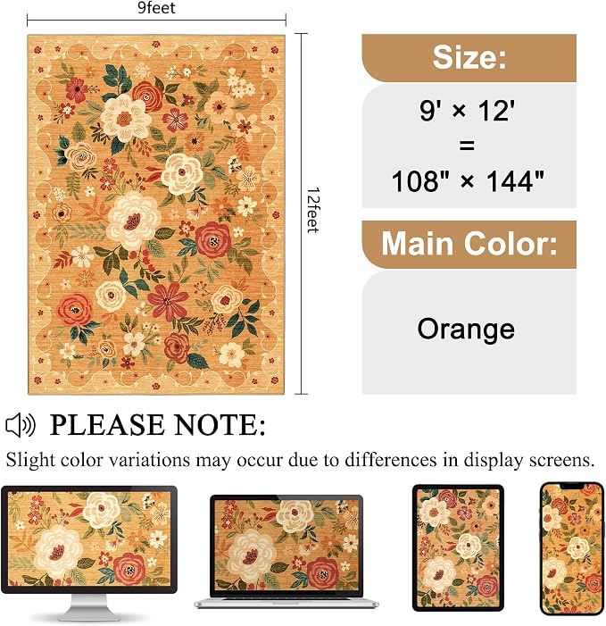 DUKINO 9x12 Area Rug, Floral Rugs - Image 2