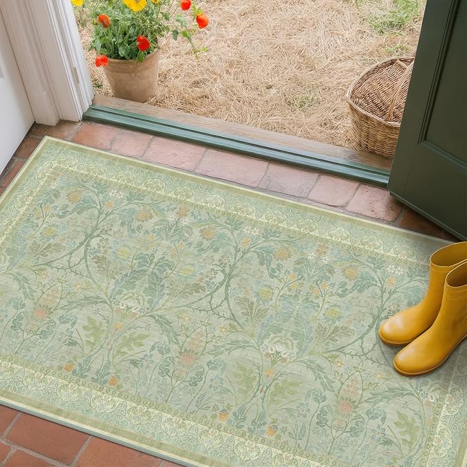 2x4 Small Green Kitchen Rugs Non Slip, Floral & Botanical Shabby Chic Washable - Image 3