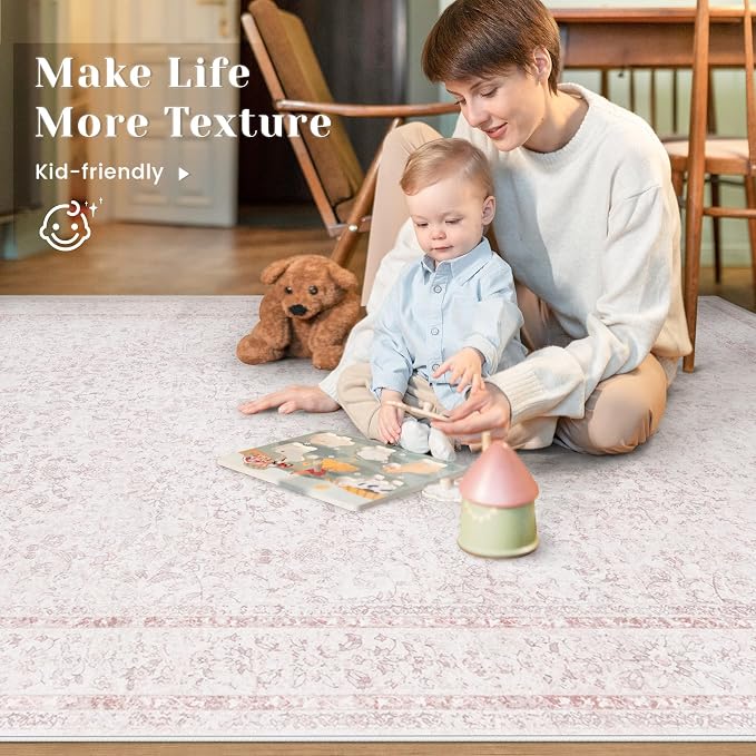 8x10 Area Rugs for Living Room: Washable Large Vintage Floral Rug Low Pile - Image 5