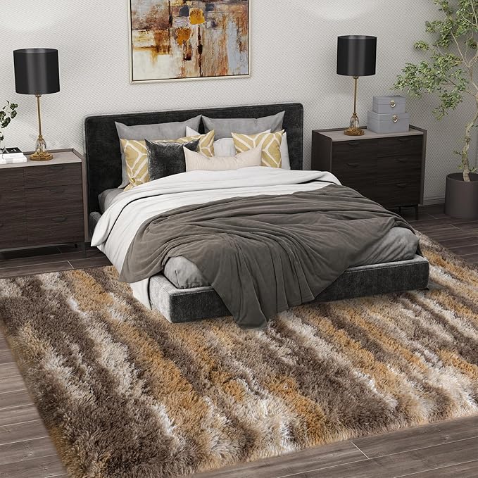 Shag Rugs for Living Room 8x10, Ultra Soft Abstract Brown Big Fuzzy Rugs for - Image 3