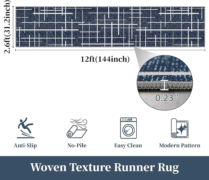 Non Slip Hallway Runner Rug 2.6x12, Modern Distressed Stripe, Washable Extra - Image 2