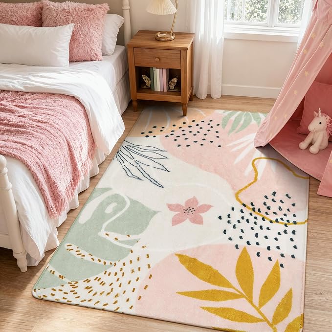 Lahome Pink Boho Nursery Rug 4x6, Washable Non Slip Soft Botanical Area Rug - Image 2