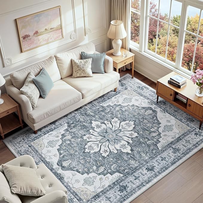 RELEANY Area Rugs 6'x9' Washable Non-Slip, Floral Vintage Distress Medallion by RELEANY