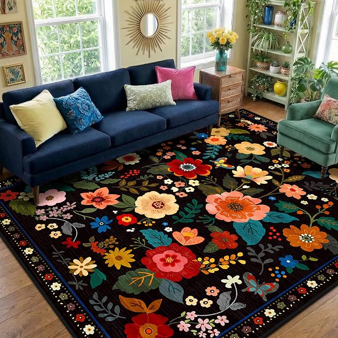RELEANY Floral 8x10 Area Rugs Washable Print Boho Cute Carpet Non Slip Flower by RELEANY