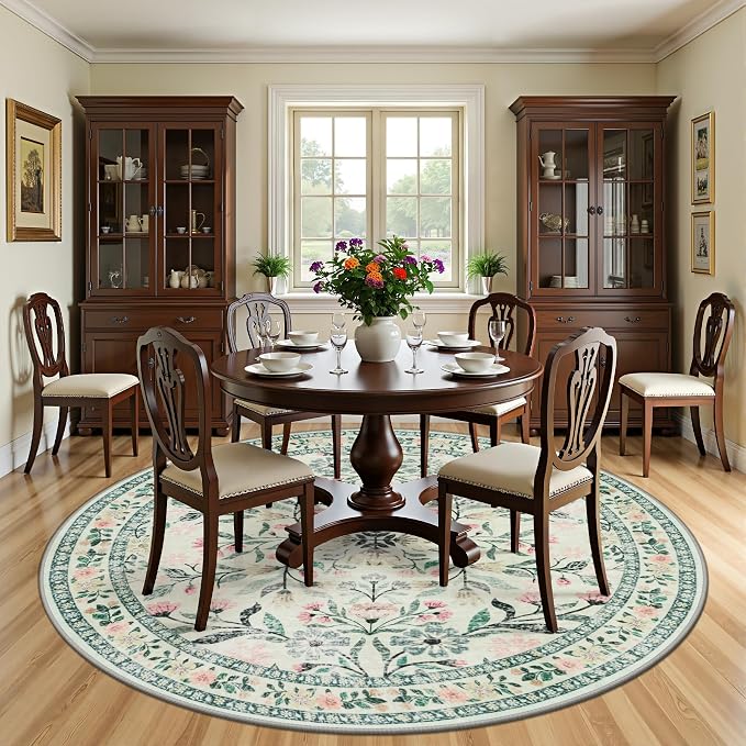 Round Area Rug for Living Room: 8 ft Floral Washable Circle Rug Soft Boho - Image 3