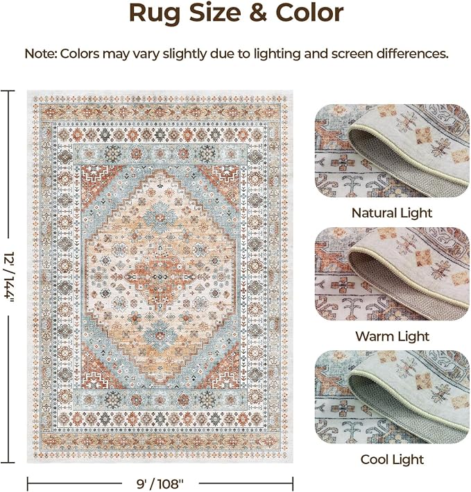 Vintage Area Rugs 9x12 Living Room, Large Washable Rug, Boho Carpet, Non Slip & - Image 2