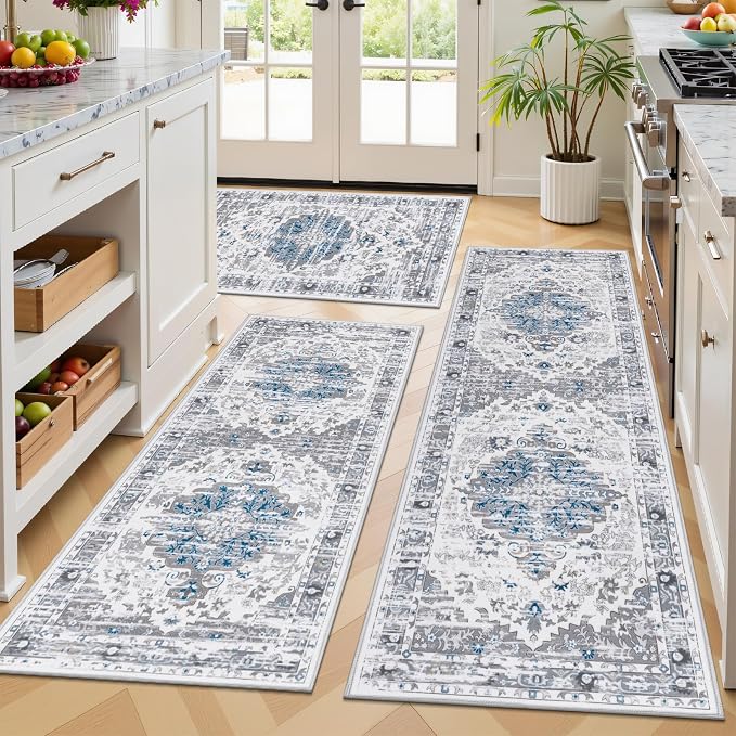 Ileading Boho Kitchen Rugs Set of 3 Washable Kitchen Mats by Ileading