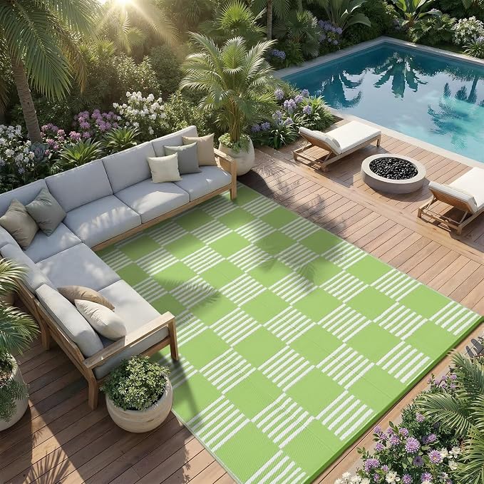Garvee Waterproof Outdoor Rug 10x14, Checkered Foldable Plastic Straw Patio - Image 6