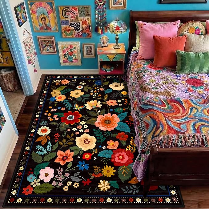 RELEANY Floral 4x6 Area Rugs Washable Print Boho Cute Carpet Non Slip Flower by RELEANY