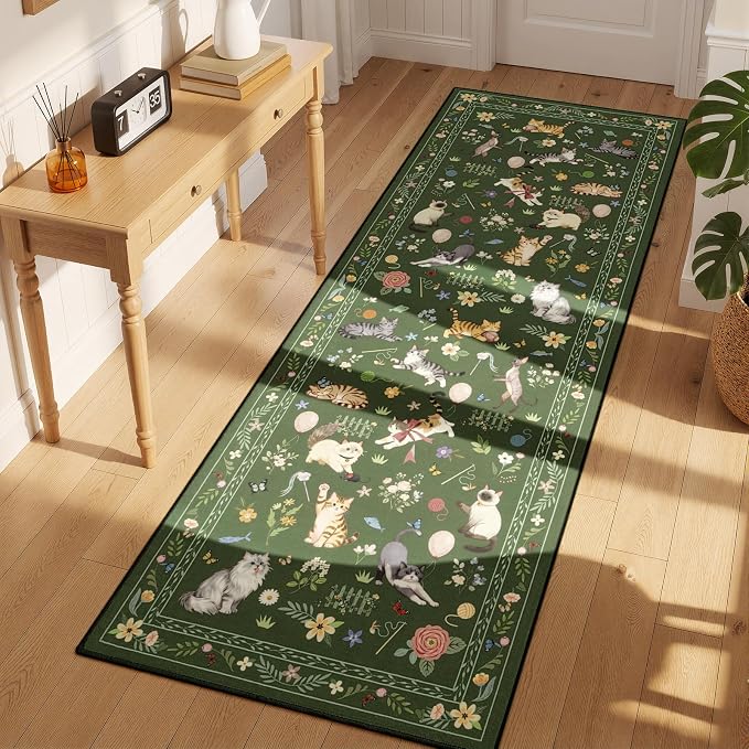 Unirea 2.6x8 Dark Green Cat Runner Rug, Washable Non Slip Botanical Rug - Image 6