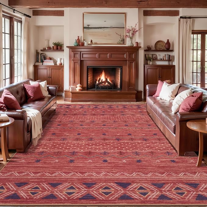 SERISSA 9x12 Area Rugs for Living Room, Washable Non-Slip Red 0chre Boho Rug by SERISSAHomeDecorCollection