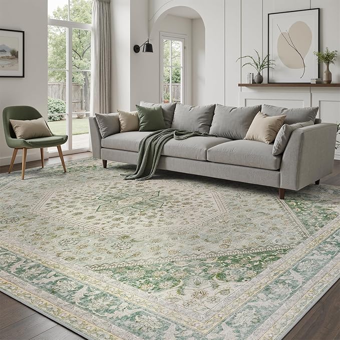 DCX Green 6x9 Area Rug, Machine Washable Non Slip Stain Resistant Vintage Rug - Image 2
