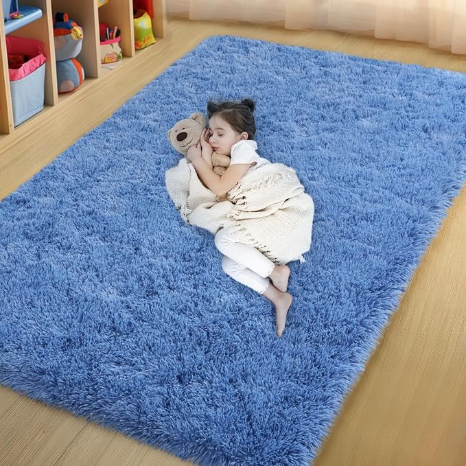 qulint 4x6 Rug for Bedroom, Fluffy Small Blue Carpet for Living Room Soft Shag by QULINT