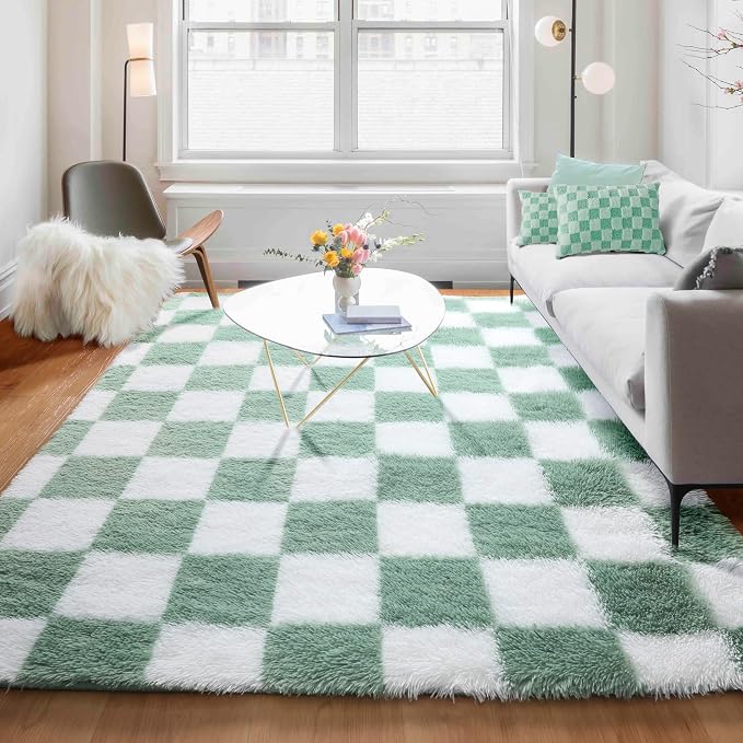 KICMOR Fluffy Sage Green and White Rugs Living Room Carpet, 5x7 Large Fuzzy - Image 7