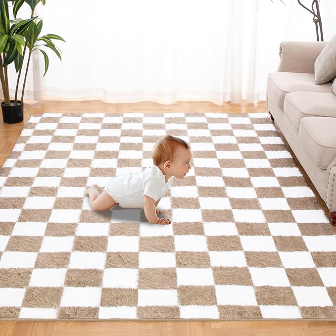 Super Soft Rug for Bedroom, 3x5 Ft Beige and White Area Rug Classic Checkered by TOOHUB