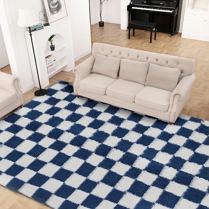 Super Soft Rug for Bedroom, 8x10 ft Blue and White Area Rug Classic Checkered by TOOHUB