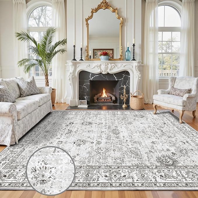 Floral Washable 6x9 Area Rug, Soft Grey White Bedroom Rug - Image 2