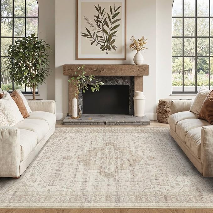 Rugxara Washable Area Rug for Living Room, Vintage Neutral Boho Rugs for Office by Rugxara