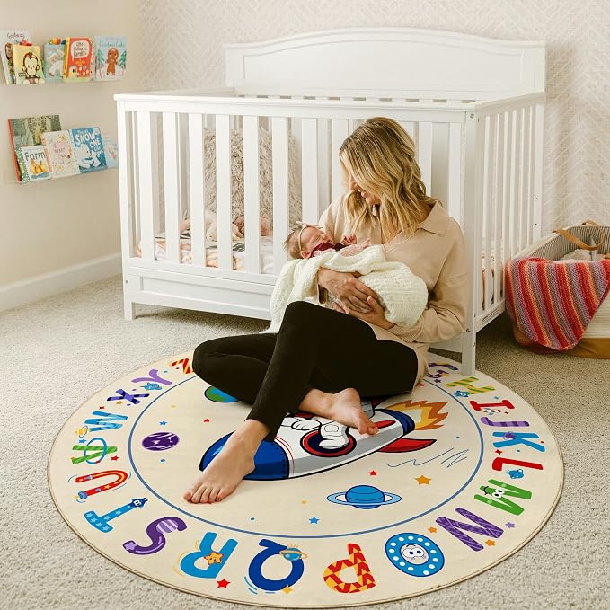 Washable Alphabet ABC Round Rug 3.4ft, Kids Astronaut Space Circle Carpet - Image 8