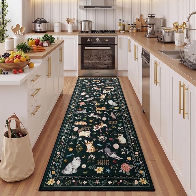 Unirea 2x6 Black Cat Runner Rug, Washable Non Slip Botanical Rug - Image 3
