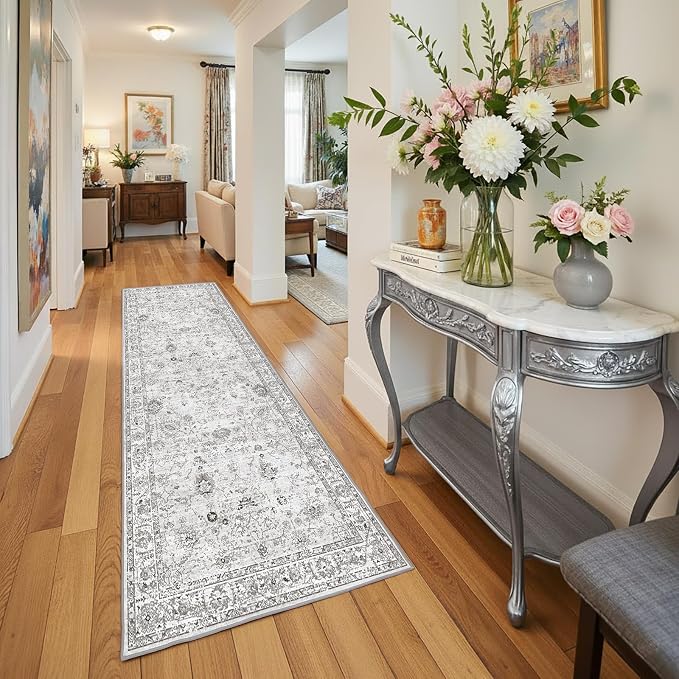 Floral Hallway Runner Grey Carpet Non-Slip, Kitchen Mat Stain Resistant - Image 6