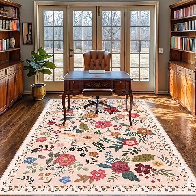 5x7 Area Rugs for Living Room Clearance Washable Boho Area Rug, Vintage Floral - Image 3