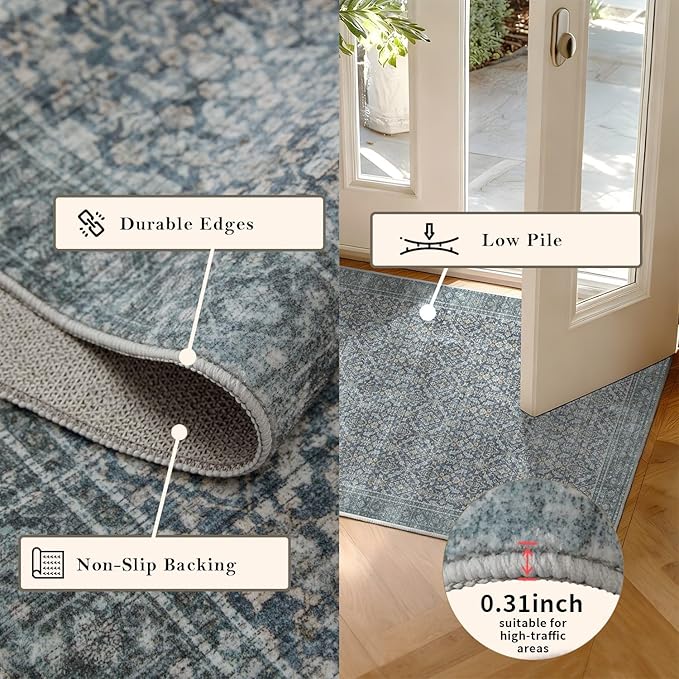 Latte&Fog 2x3 Entryway Rug, Small Vintage Blue Door Mat, Washable Kitchen Rug - Image 4