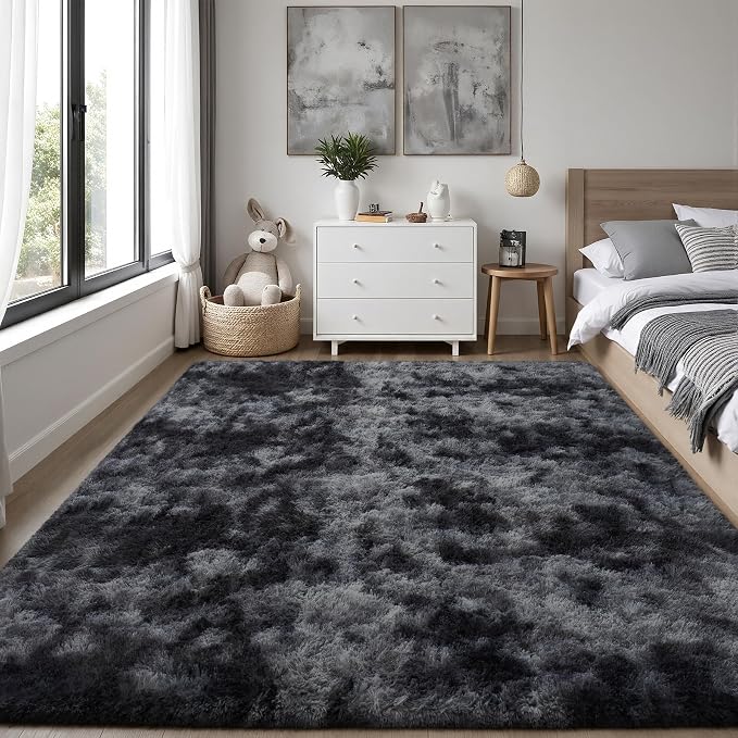 Area Rug for Living Room Bedroom: 5x7 Black Grey Soft Fluffy Shag Upgrade - Image 2