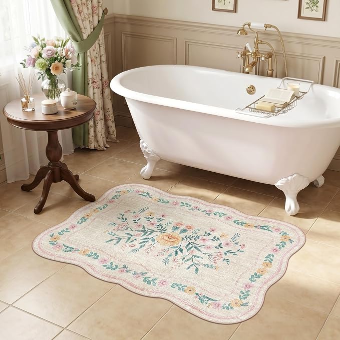 Scalloped Door Mat 2x3 Small Pink Floral Washable Entryway Rug | Soft Low Pile - Image 6